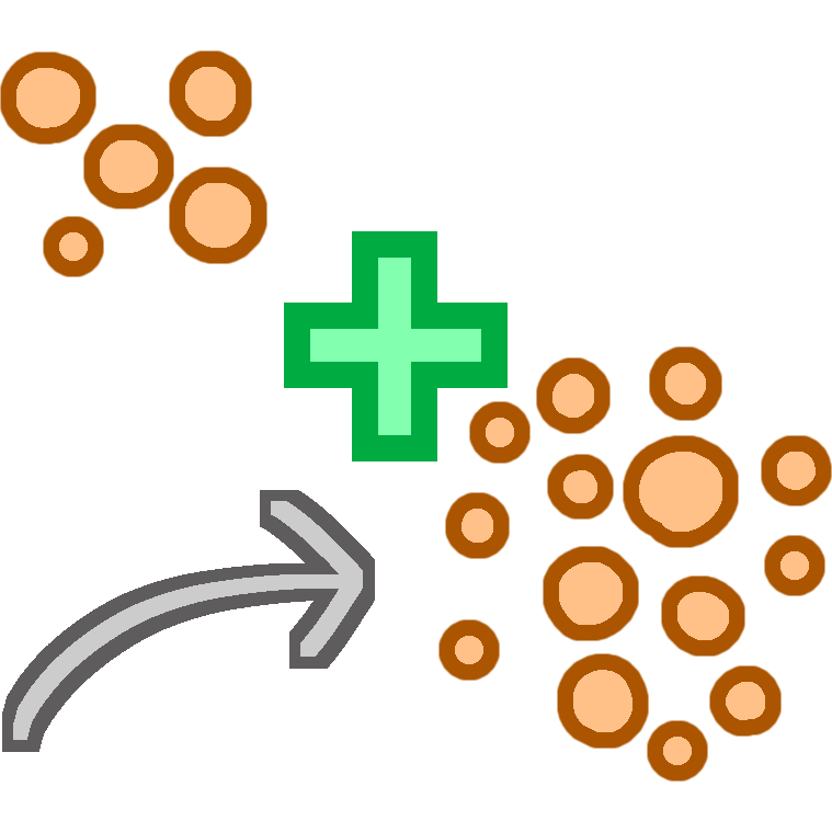 there are two groups of orange dots arranged diagonal to each other. In the top left is a smaller group with five dots. In the bottom right is a larger group with fourteen dots. A green plus sign is in between the two groups of dots, closer to the larger group. An arrow points to the larger group of dots.